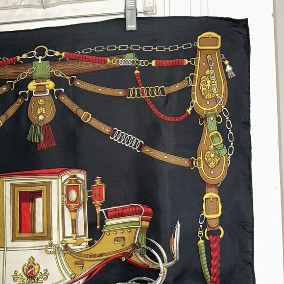 Vintage 80s or 90s black silk square scarf with a carriage print - Picture 3 of 8
